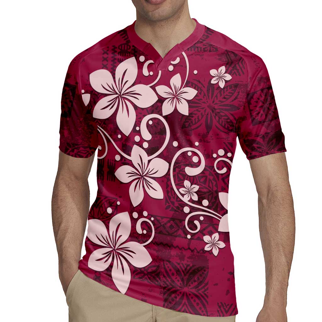 Plumeria Floral Tapa Pattern Ruby Pink Rugby Jersey LT01 - Polynesian Pride