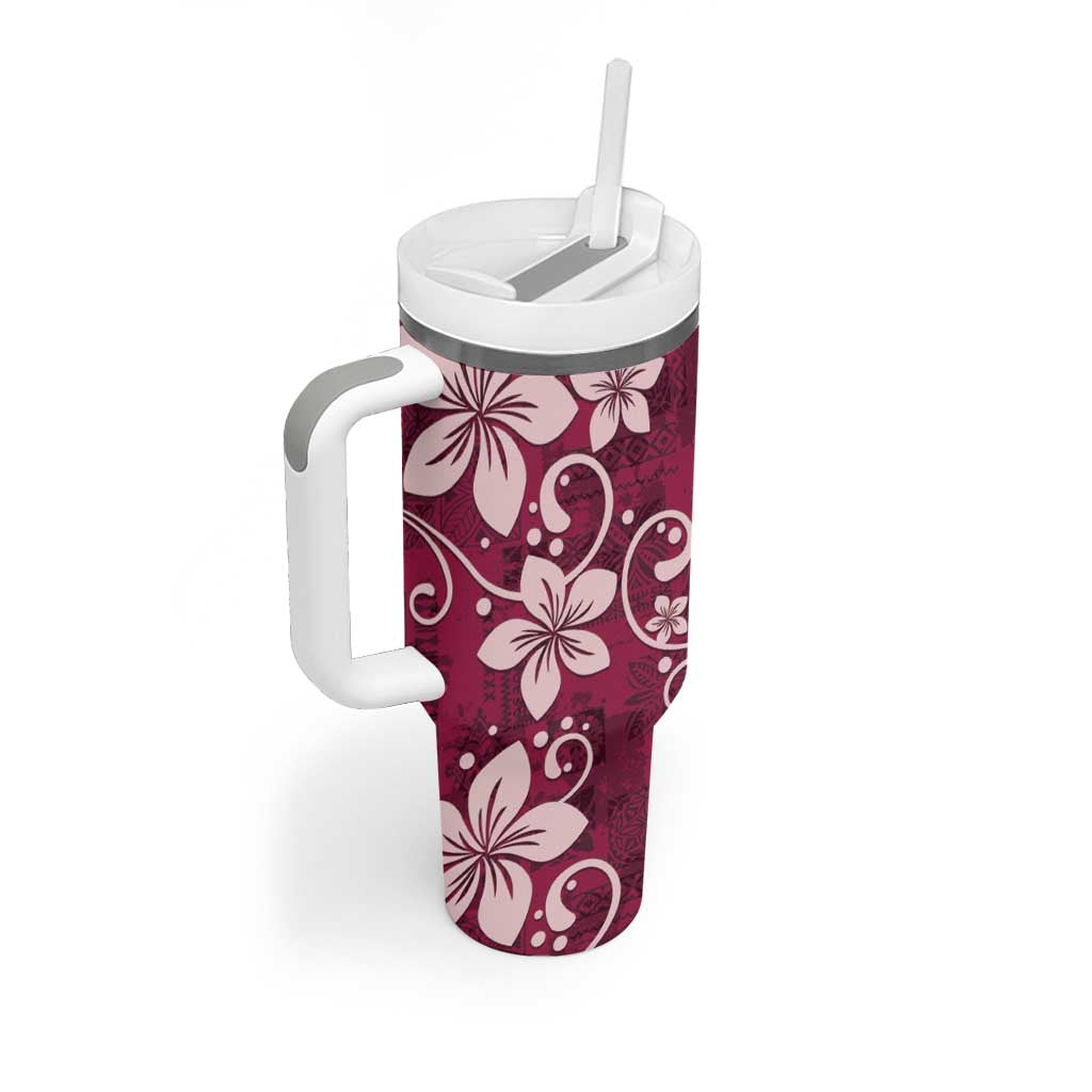 Plumeria Floral Tapa Pattern Ruby Pink Tumbler With Handle LT01 - Polynesian Pride
