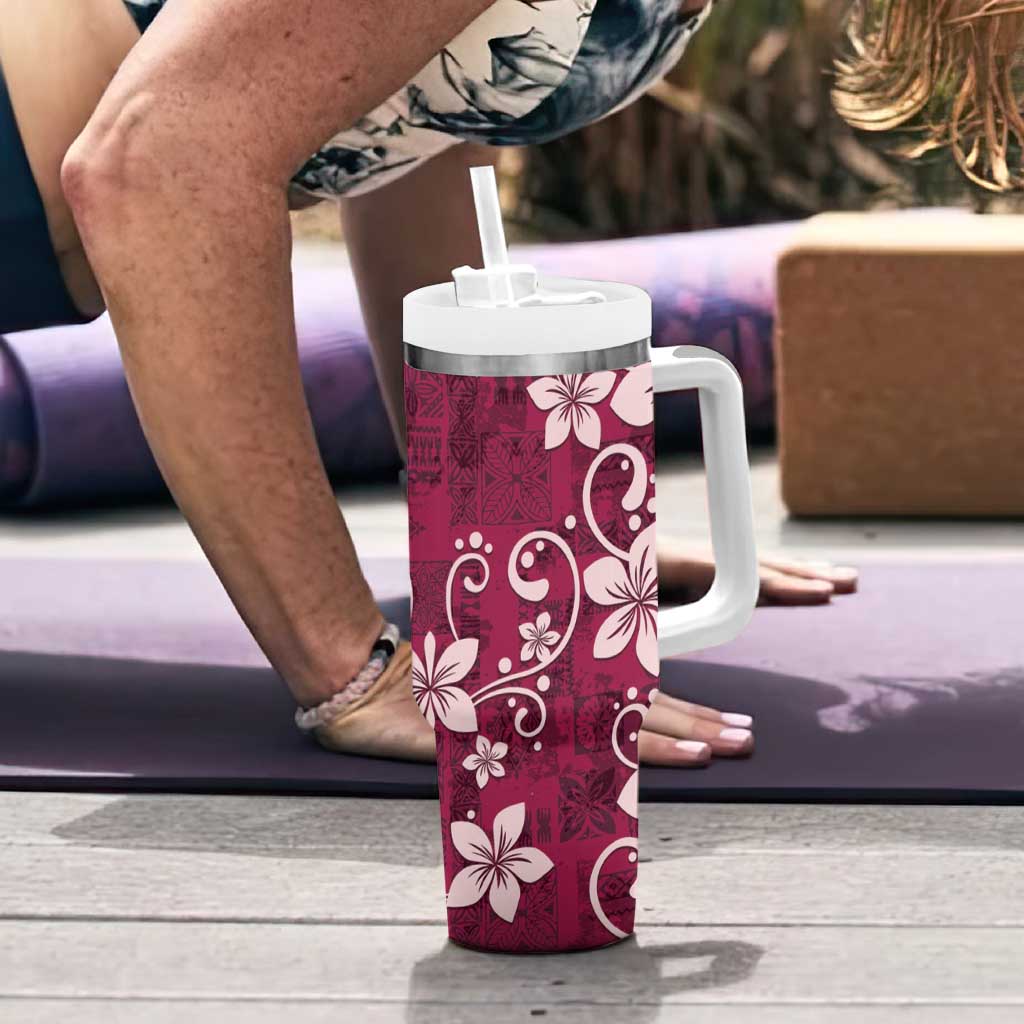 Plumeria Floral Tapa Pattern Ruby Pink Tumbler With Handle LT01 - Polynesian Pride