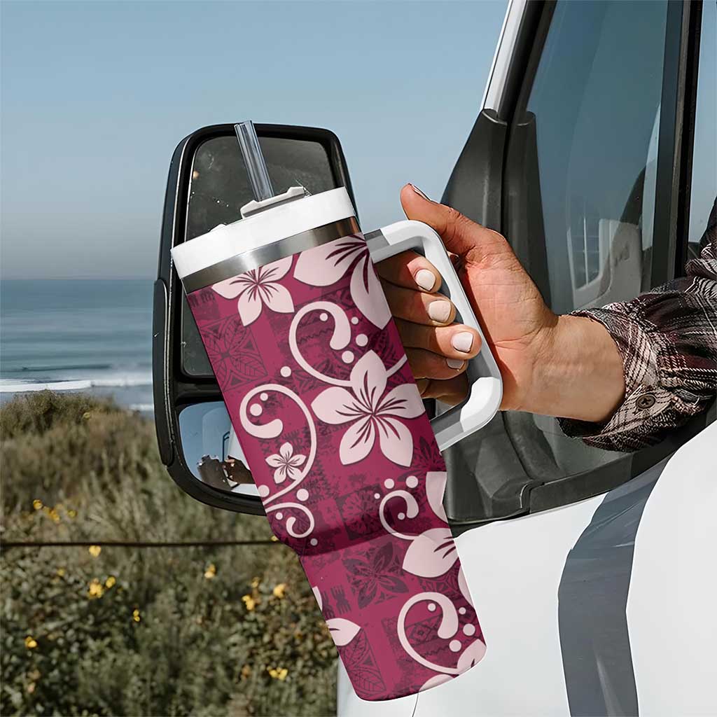 Plumeria Floral Tapa Pattern Ruby Pink Tumbler With Handle LT01 - Polynesian Pride