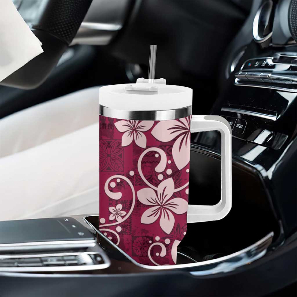 Plumeria Floral Tapa Pattern Ruby Pink Tumbler With Handle LT01 - Polynesian Pride