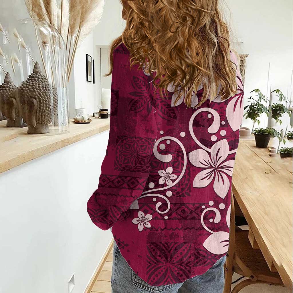 Plumeria Floral Tapa Pattern Ruby Pink Women Casual Shirt LT01 - Polynesian Pride
