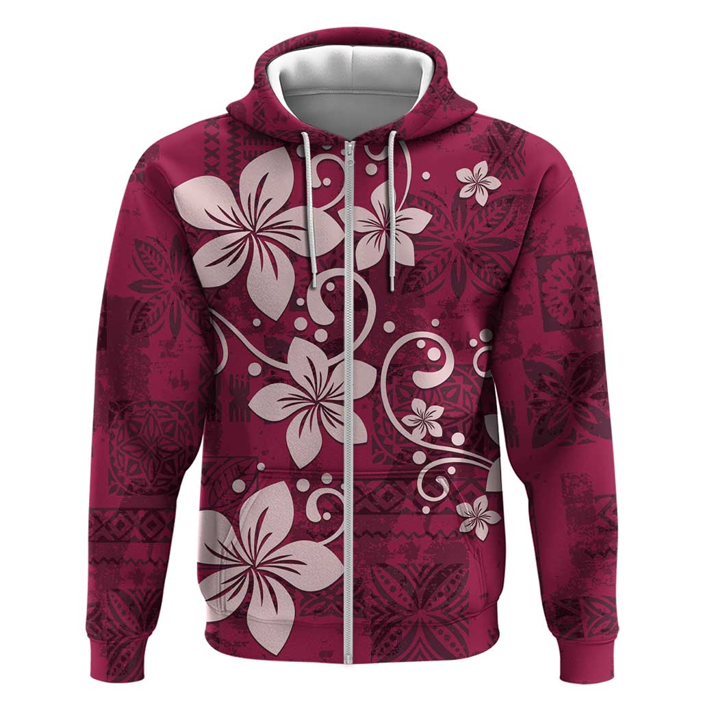 Plumeria Floral Tapa Pattern Ruby Pink Zip Hoodie LT01 Zip Hoodie Pink - Polynesian Pride