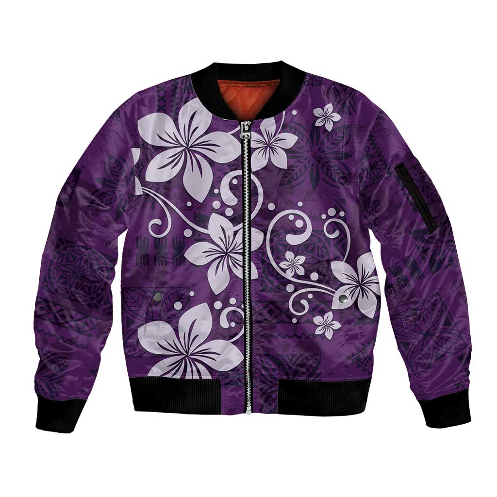 Plumeria Floral Tapa Pattern Amethyst Purple Sleeve Zip Bomber Jacket LT01 Unisex Purple - Polynesian Pride