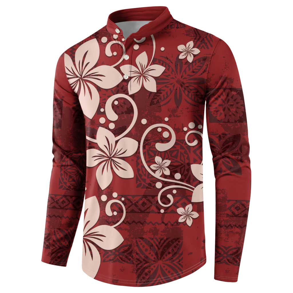 Plumeria Floral Tapa Pattern Oxblood Red Button Sweatshirt LT01 - Polynesian Pride