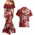 Plumeria Floral Tapa Pattern Oxblood Red Couples Matching Mermaid Dress and Hawaiian Shirt