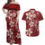 Plumeria Floral Tapa Pattern Oxblood Red Couples Matching Off Shoulder Maxi Dress and Hawaiian Shirt