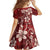 Plumeria Floral Tapa Pattern Oxblood Red Family Matching Long Sleeve Bodycon Dress and Hawaiian Shirt