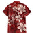 Plumeria Floral Tapa Pattern Oxblood Red Family Matching Off The Shoulder Long Sleeve Dress and Hawaiian Shirt