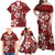 Plumeria Floral Tapa Pattern Oxblood Red Family Matching Off Shoulder Maxi Dress and Hawaiian Shirt