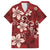 Plumeria Floral Tapa Pattern Oxblood Red Family Matching Off Shoulder Maxi Dress and Hawaiian Shirt