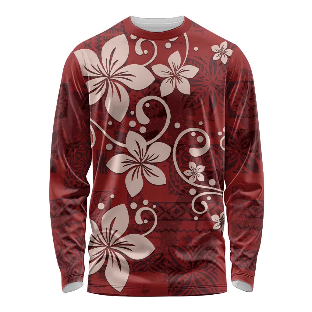 Plumeria Floral Tapa Pattern Oxblood Red Long Sleeve Shirt LT01 Unisex Red - Polynesian Pride