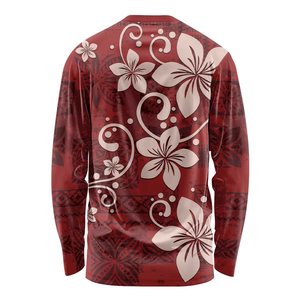 Plumeria Floral Tapa Pattern Oxblood Red Long Sleeve Shirt LT01 - Polynesian Pride