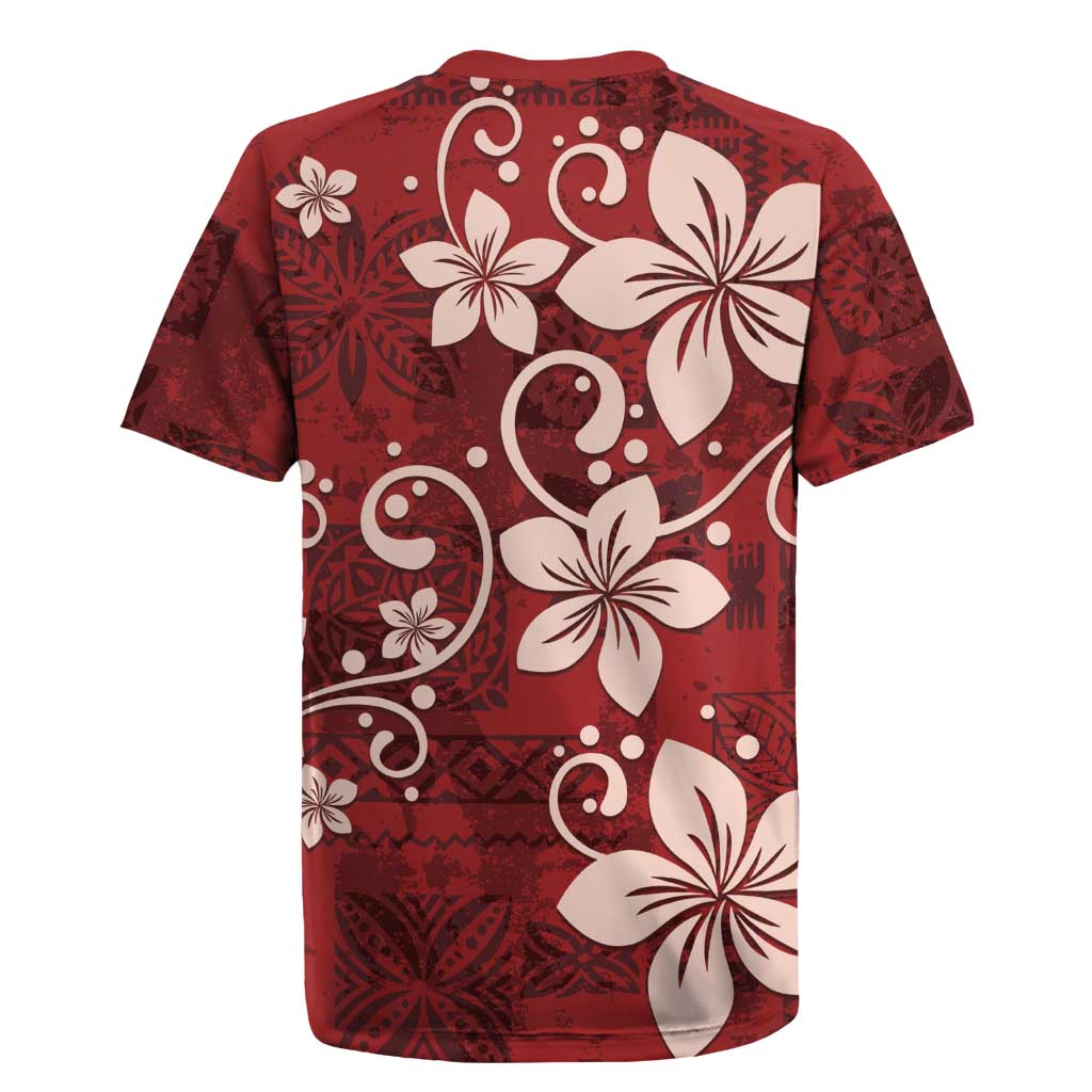 Plumeria Floral Tapa Pattern Oxblood Red Rugby Jersey LT01 - Polynesian Pride