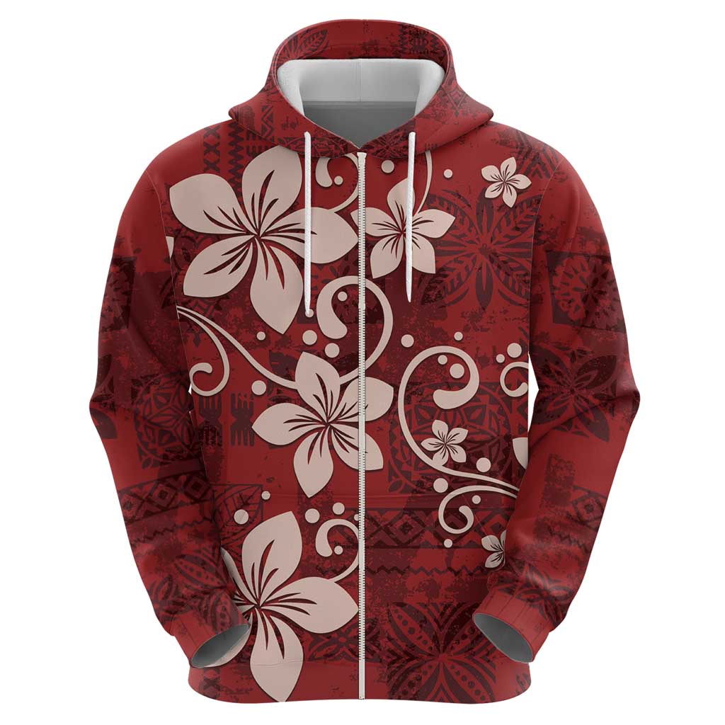 Plumeria Floral Tapa Pattern Oxblood Red Zip Hoodie LT01 - Polynesian Pride