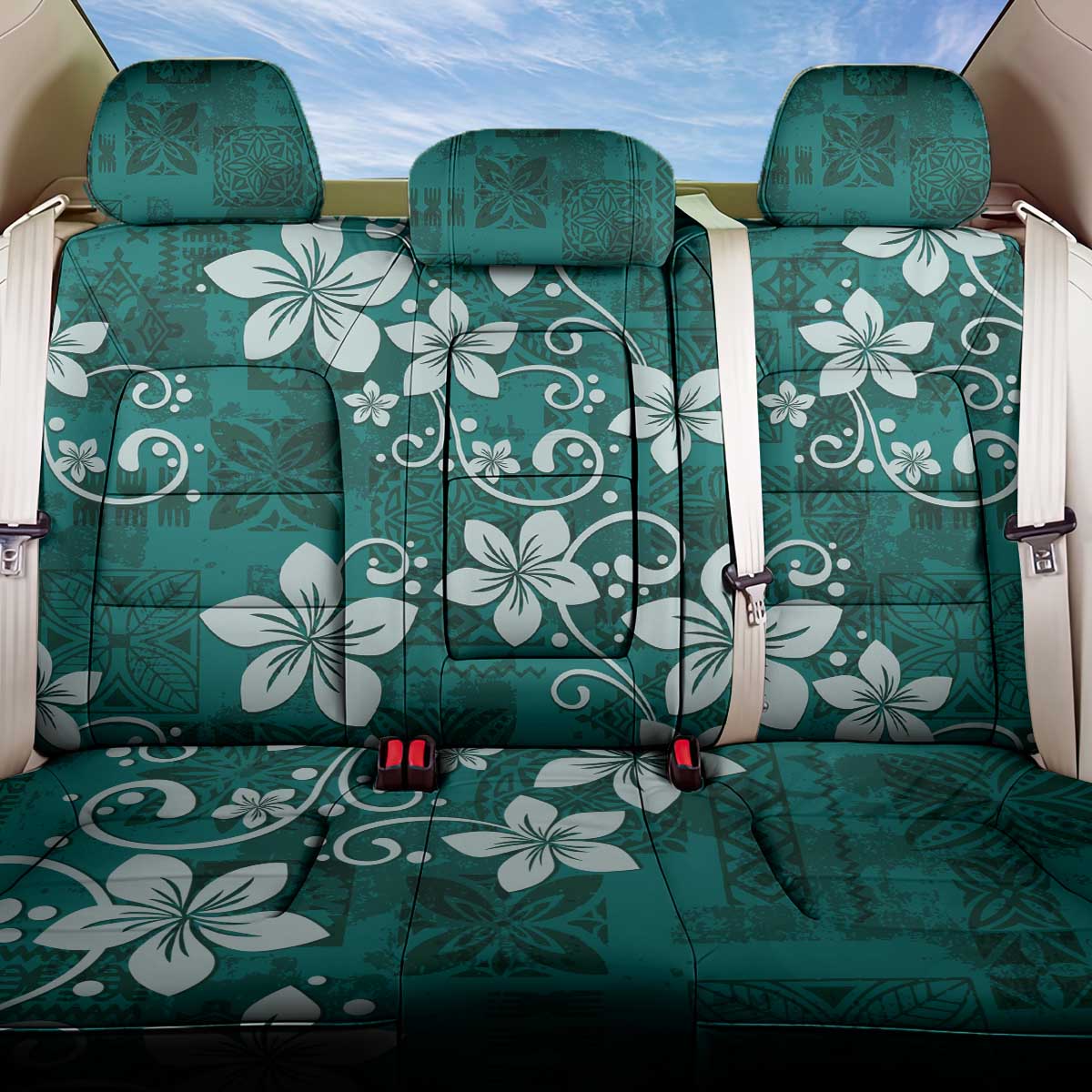 Plumeria Floral Tapa Pattern Crystal Teal Back Car Seat Cover LT01 One Size Teal - Polynesian Pride
