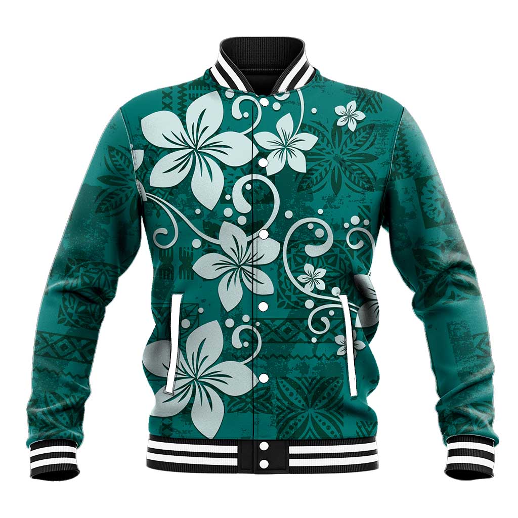 Plumeria Floral Tapa Pattern Crystal Teal Baseball Jacket LT01 Unisex Teal - Polynesian Pride