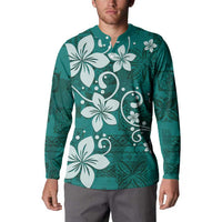 Plumeria Floral Tapa Pattern Crystal Teal Button Sweatshirt LT01 - Polynesian Pride
