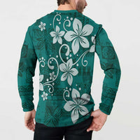 Plumeria Floral Tapa Pattern Crystal Teal Button Sweatshirt LT01 - Polynesian Pride
