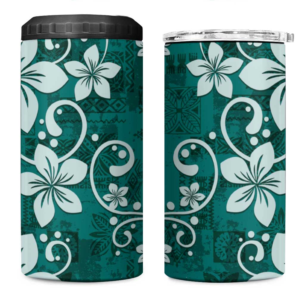 Plumeria Floral Tapa Pattern Crystal Teal 4 in 1 Can Cooler Tumbler LT01 One Size: 16 oz Teal - Polynesian Pride