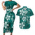 Plumeria Floral Tapa Pattern Crystal Teal Couples Matching Short Sleeve Bodycon Dress and Hawaiian Shirt