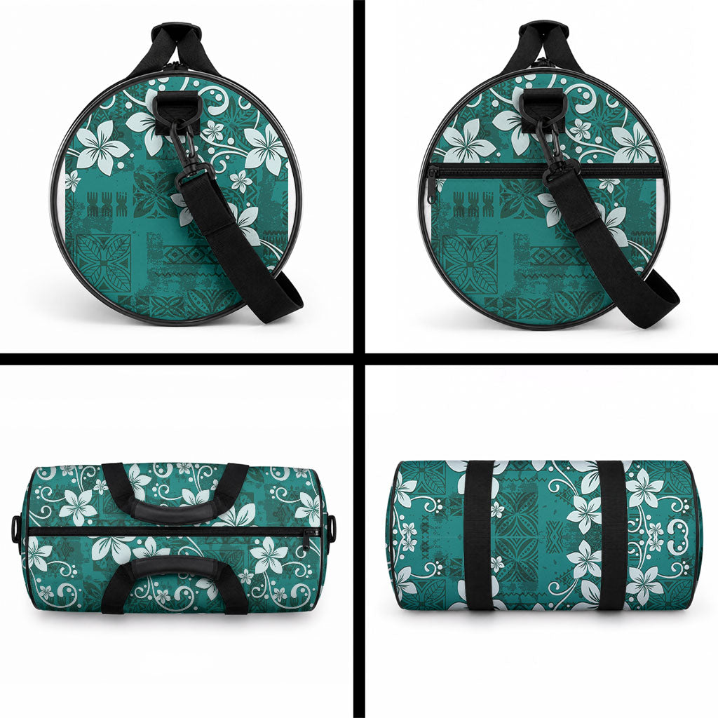 Plumeria Floral Tapa Pattern Crystal Teal Duffle Bag LT01 - Polynesian Pride