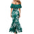 Plumeria Floral Tapa Pattern Crystal Teal Family Matching Mermaid Dress and Hawaiian Shirt