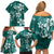 Plumeria Floral Tapa Pattern Crystal Teal Family Matching Off Shoulder Short Dress and Hawaiian Shirt