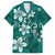 Plumeria Floral Tapa Pattern Crystal Teal Family Matching Off Shoulder Short Dress and Hawaiian Shirt