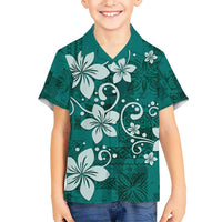 Plumeria Floral Tapa Pattern Crystal Teal Kid Hawaiian Shirt LT01 Kid Teal - Polynesian Pride