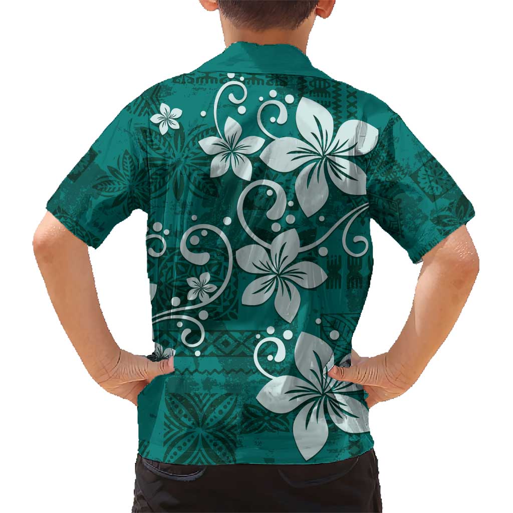 Plumeria Floral Tapa Pattern Crystal Teal Kid Hawaiian Shirt LT01 - Polynesian Pride