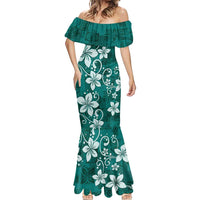 Plumeria Floral Tapa Pattern Crystal Teal Mermaid Dress LT01 - Polynesian Pride