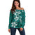 Plumeria Floral Tapa Pattern Crystal Teal Off Shoulder Sweater