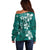 Plumeria Floral Tapa Pattern Crystal Teal Off Shoulder Sweater