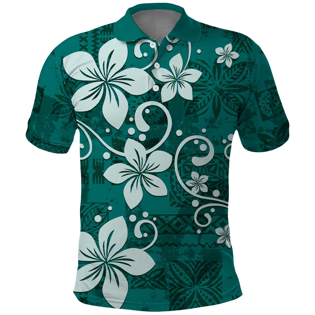 Plumeria Floral Tapa Pattern Crystal Teal Polo Shirt