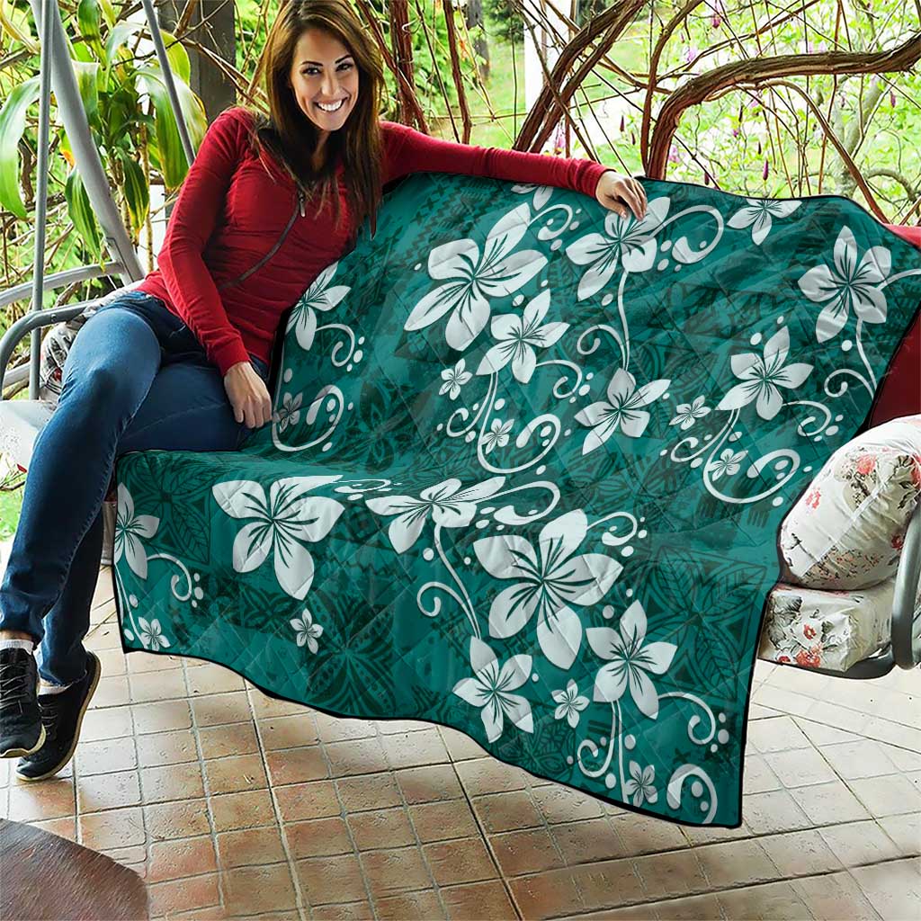Plumeria Floral Tapa Pattern Crystal Teal Quilt LT01 - Polynesian Pride