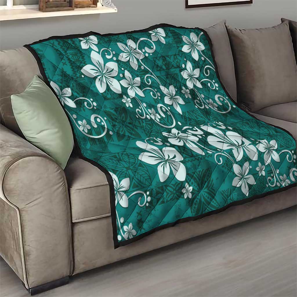 Plumeria Floral Tapa Pattern Crystal Teal Quilt LT01 - Polynesian Pride
