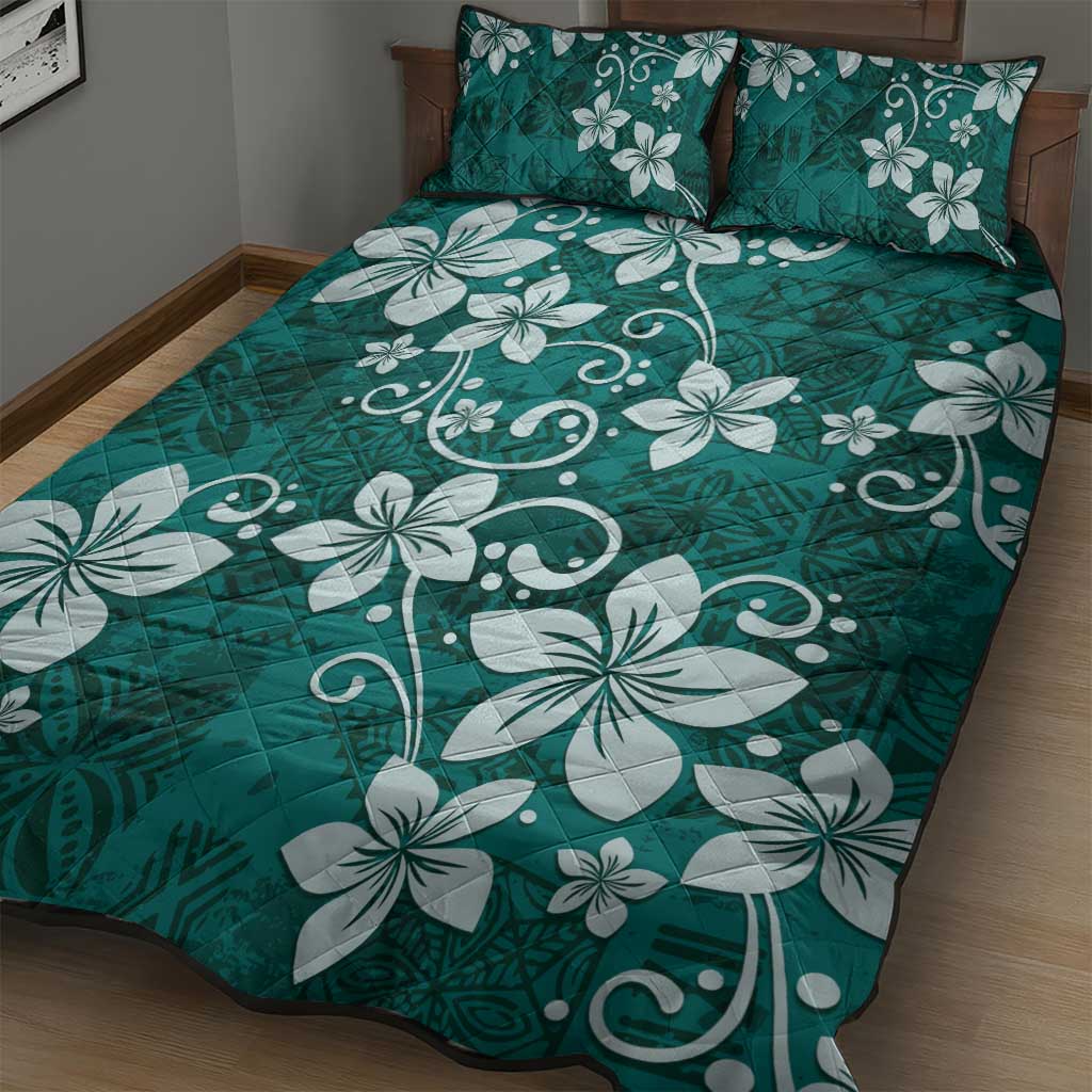 Plumeria Floral Tapa Pattern Crystal Teal Quilt Bed Set LT01 - Polynesian Pride