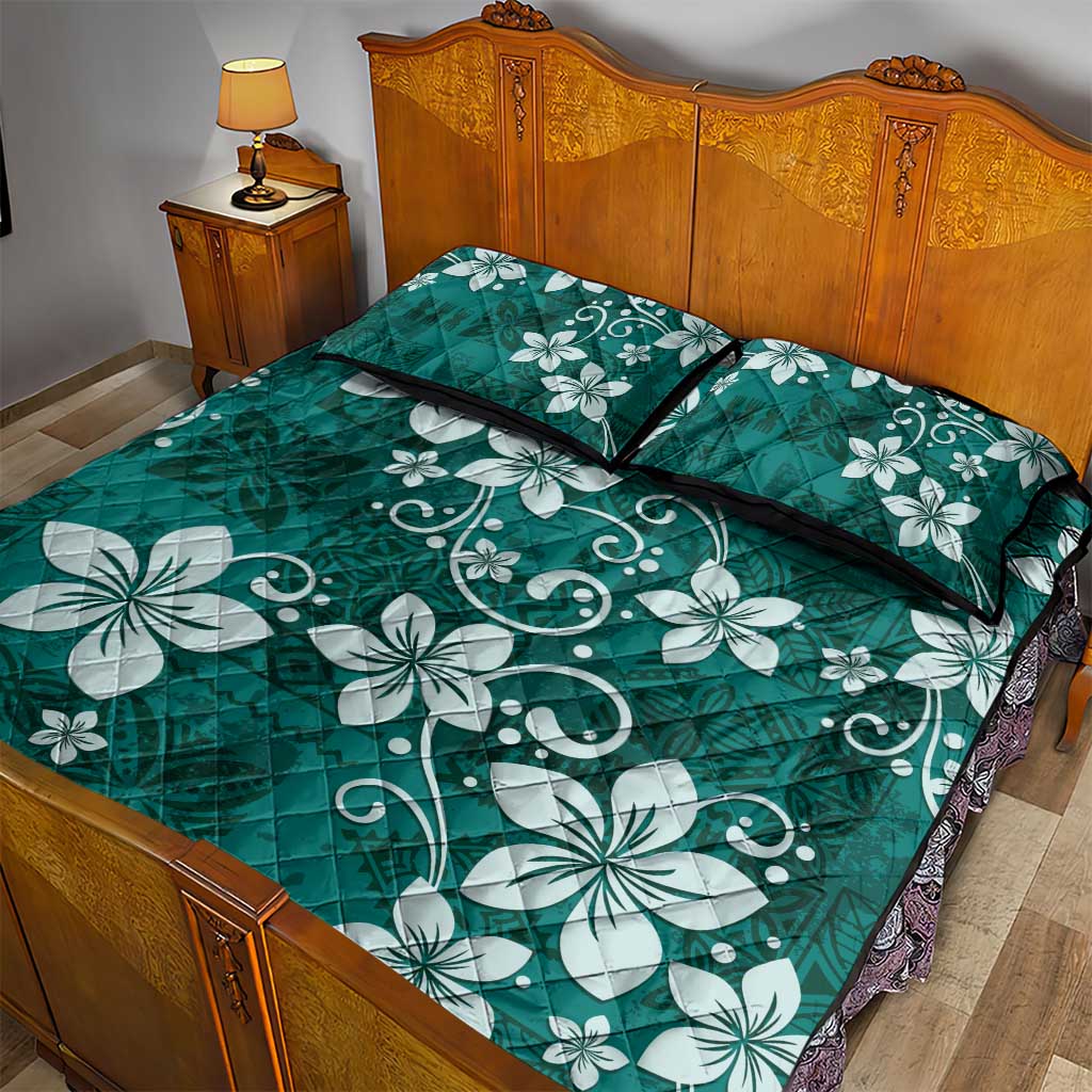 Plumeria Floral Tapa Pattern Crystal Teal Quilt Bed Set LT01 - Polynesian Pride