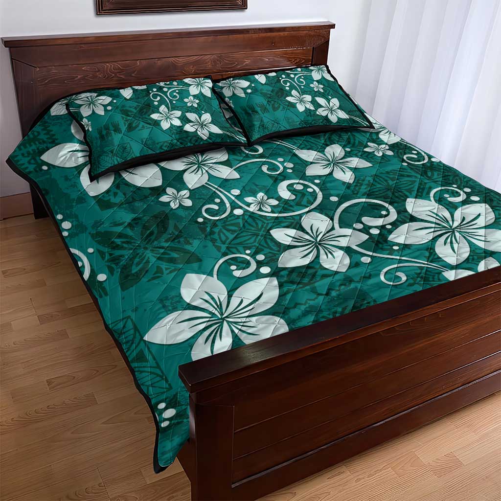 Plumeria Floral Tapa Pattern Crystal Teal Quilt Bed Set LT01 - Polynesian Pride
