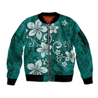 Plumeria Floral Tapa Pattern Crystal Teal Sleeve Zip Bomber Jacket LT01 Unisex Teal - Polynesian Pride