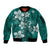 Plumeria Floral Tapa Pattern Crystal Teal Sleeve Zip Bomber Jacket