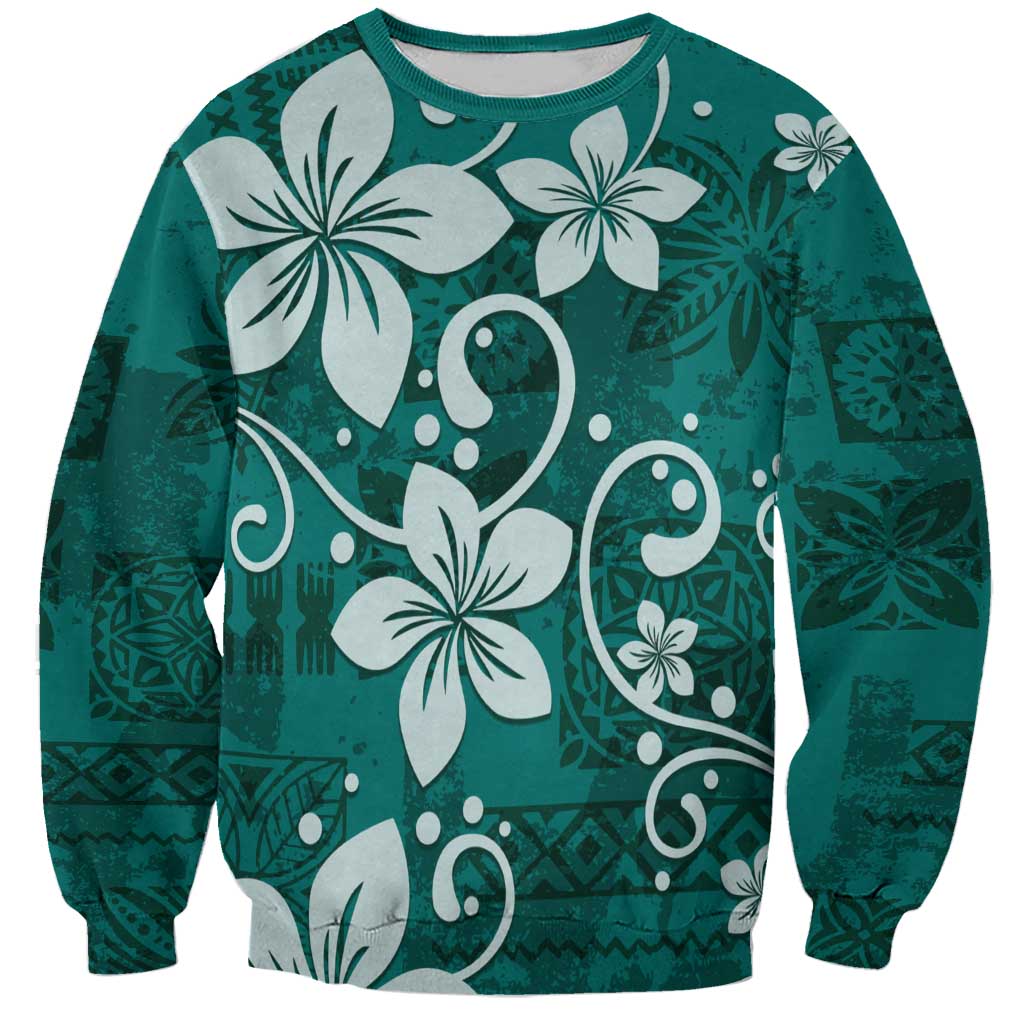 Plumeria Floral Tapa Pattern Crystal Teal Sweatshirt LT01 Unisex Teal - Polynesian Pride