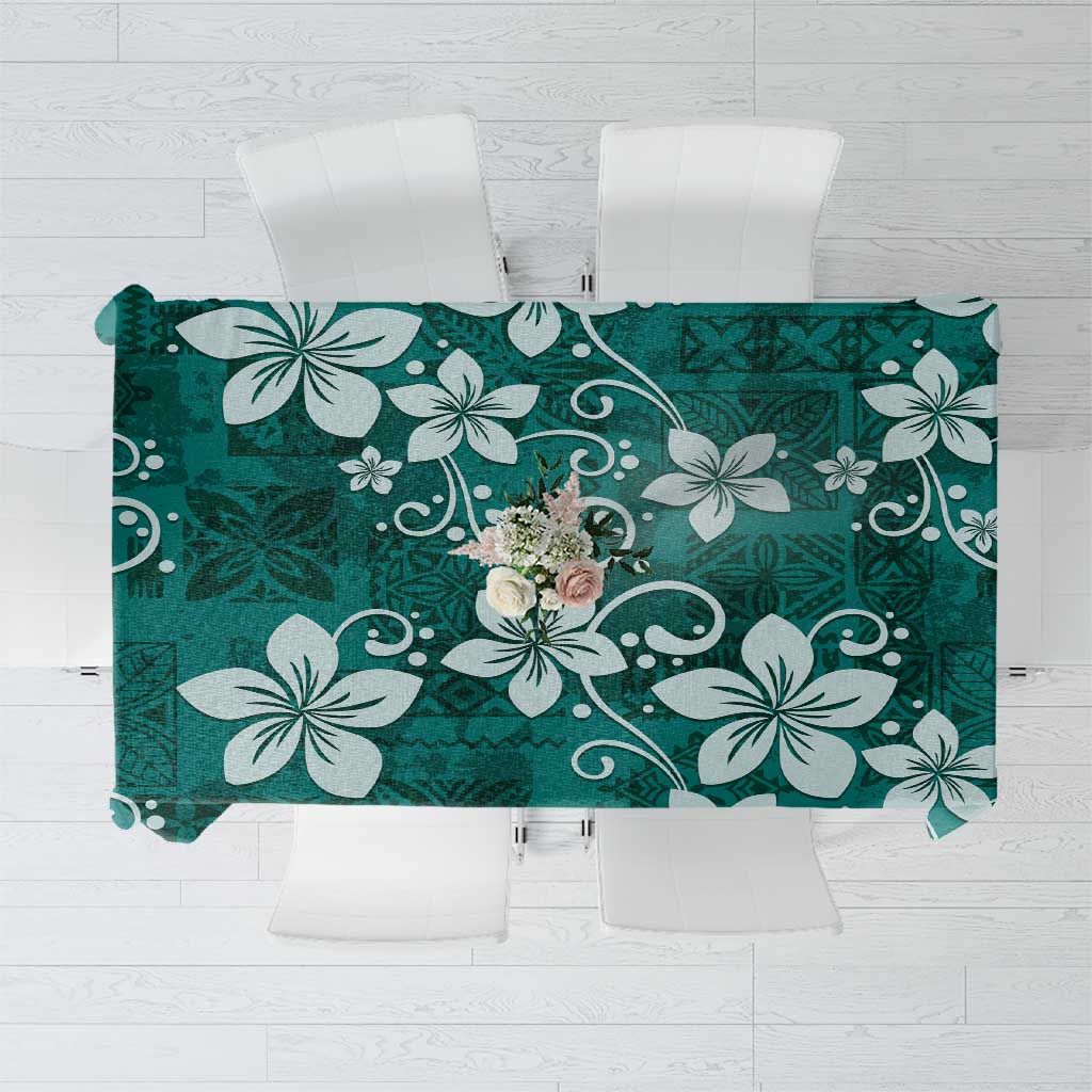 Plumeria Floral Tapa Pattern Crystal Teal Tablecloth