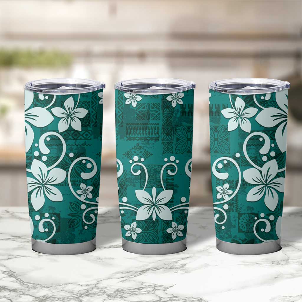 Plumeria Floral Tapa Pattern Crystal Teal Tumbler Cup LT01 - Polynesian Pride