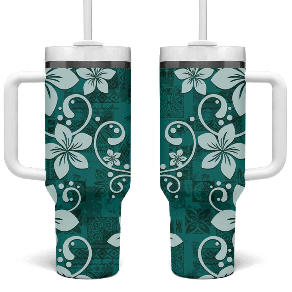 Plumeria Floral Tapa Pattern Crystal Teal Tumbler With Handle LT01 One Size: 40 oz Teal - Polynesian Pride