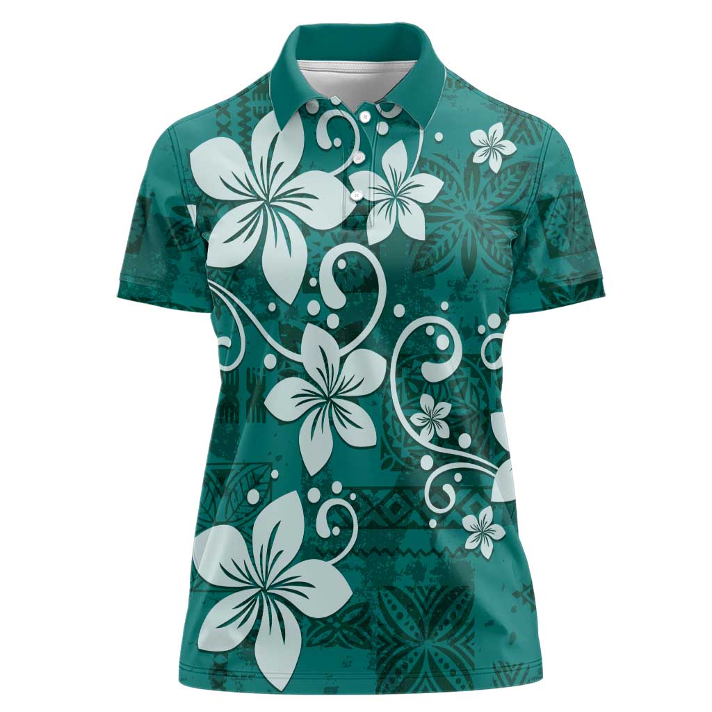 Plumeria Floral Tapa Pattern Crystal Teal Women Polo Shirt LT01 Female Teal - Polynesian Pride