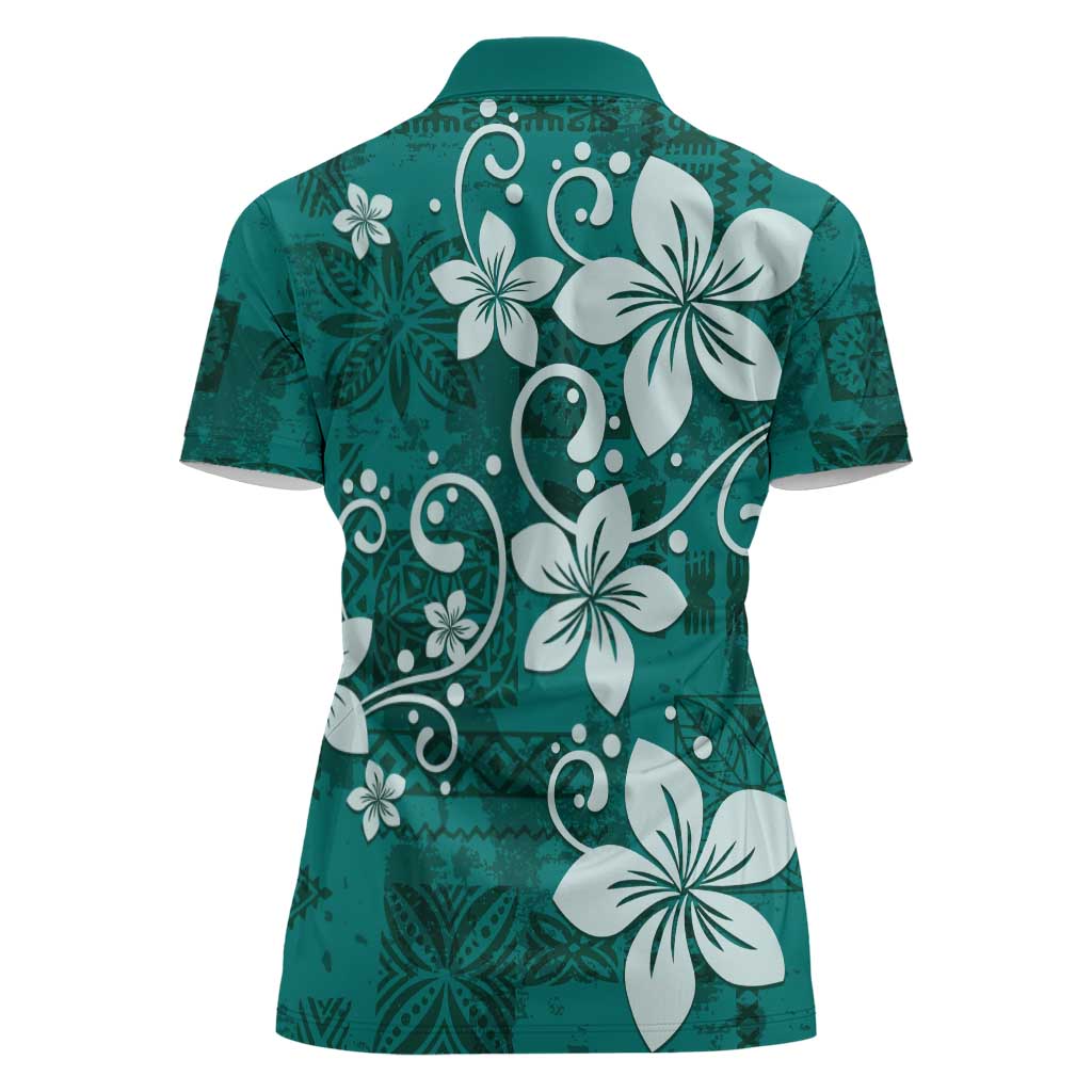 Plumeria Floral Tapa Pattern Crystal Teal Women Polo Shirt LT01 - Polynesian Pride