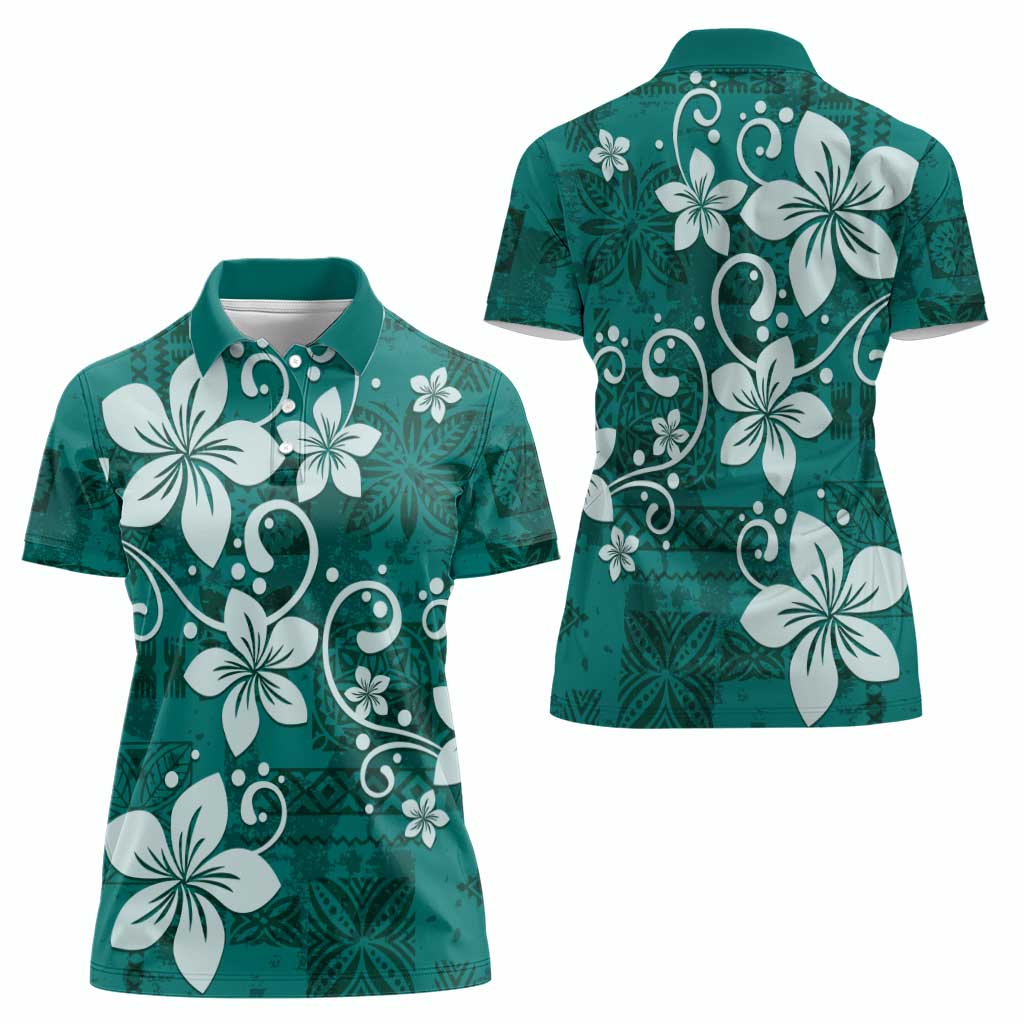 Plumeria Floral Tapa Pattern Crystal Teal Women Polo Shirt LT01 - Polynesian Pride