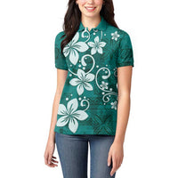 Plumeria Floral Tapa Pattern Crystal Teal Women Polo Shirt LT01 - Polynesian Pride